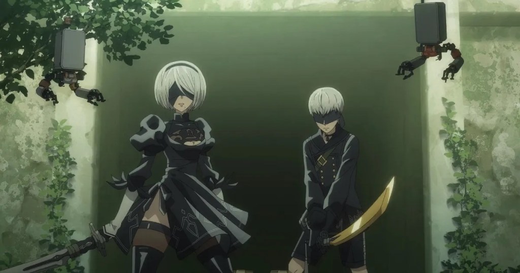 Cena do anime NieR: Automata Ver1.1A com 2B e 9S prontos para entrar em combate