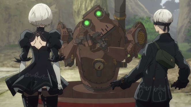 Cena do anime NieR: Automata Ver1.1A com 2B e 9S de costas e o robô Pascal na frente dos dois