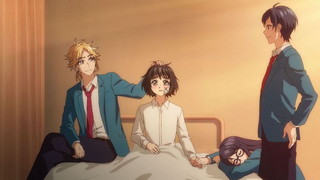 Cena do anime [Review] Heroine Tarumono! Kiraware Heroine to Naisho no Oshigoto com Aizou e Yuujirou consolando Suzumi na enfermaria da escola