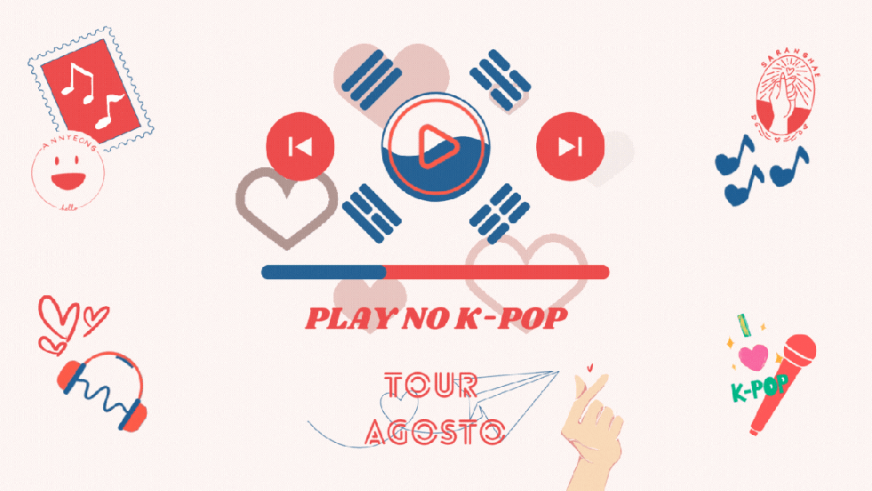 IIustração com elementos do K-pop para a capa de lançamentos do K-pop em destaque no mês de agosto