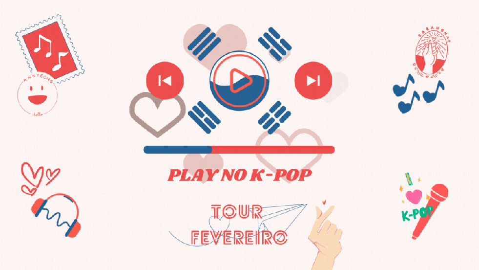 IIustração com elementos do K-pop para a capa de lançamentos do K-pop em destaque no mês de fevereiro