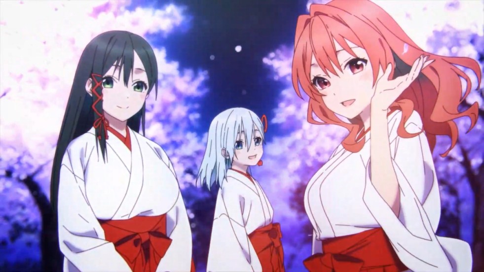 Imagem do anime Amagami-san Chi no Enmusubi com as três irmãs Yae, Asahi e Yuna e as flores de cerejeira