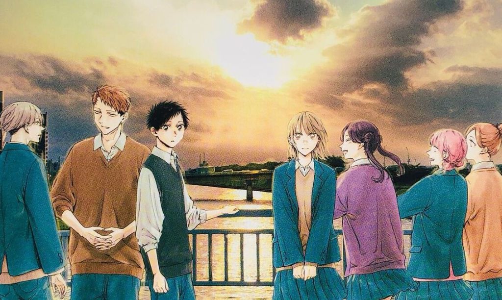 Ilustração estilo mangá do anime Ao no Hako com o pôr do sol ao fundo e os personagens principais à frente. Taiki e Chinatsu são os únicos olhando para cá