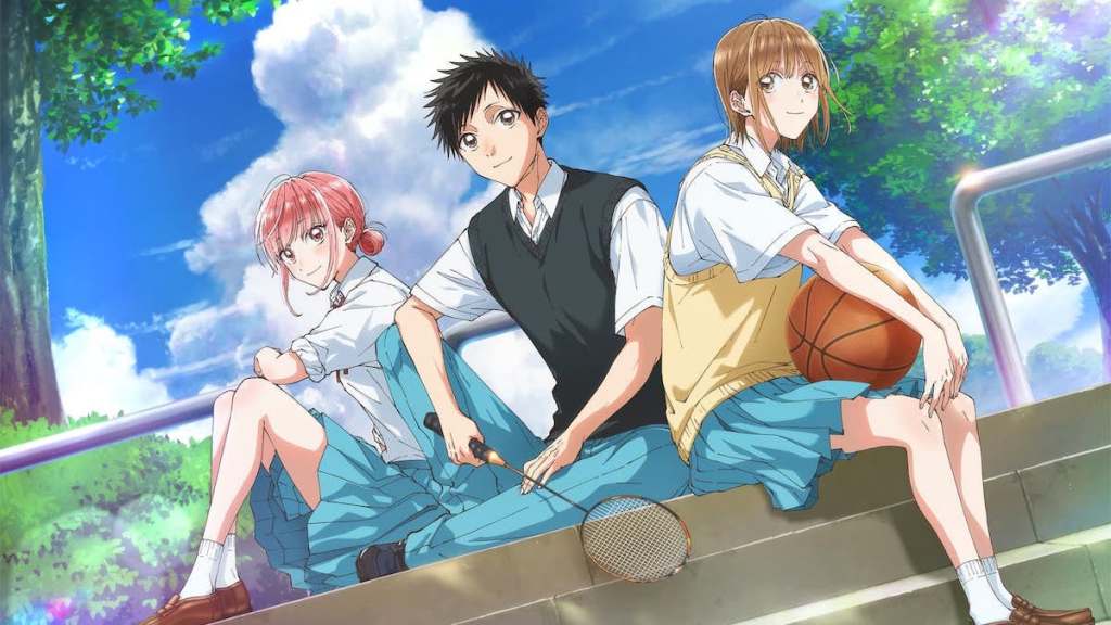 Ilustração do anime Ao no Hako onde os personagens Hina, Taiki e Chinatsu estão sentados lado a lado em um cenário ao ar livre