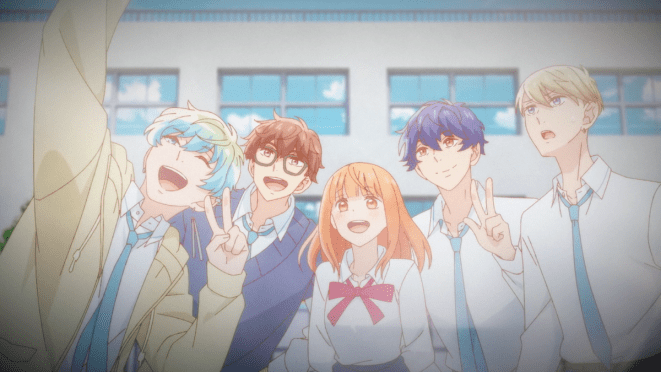 Imagem do anime Douse, Koishite Shimaunda com Airu, Shuugo, Mizuho, Kizuki e Shin sorrindo para uma foto