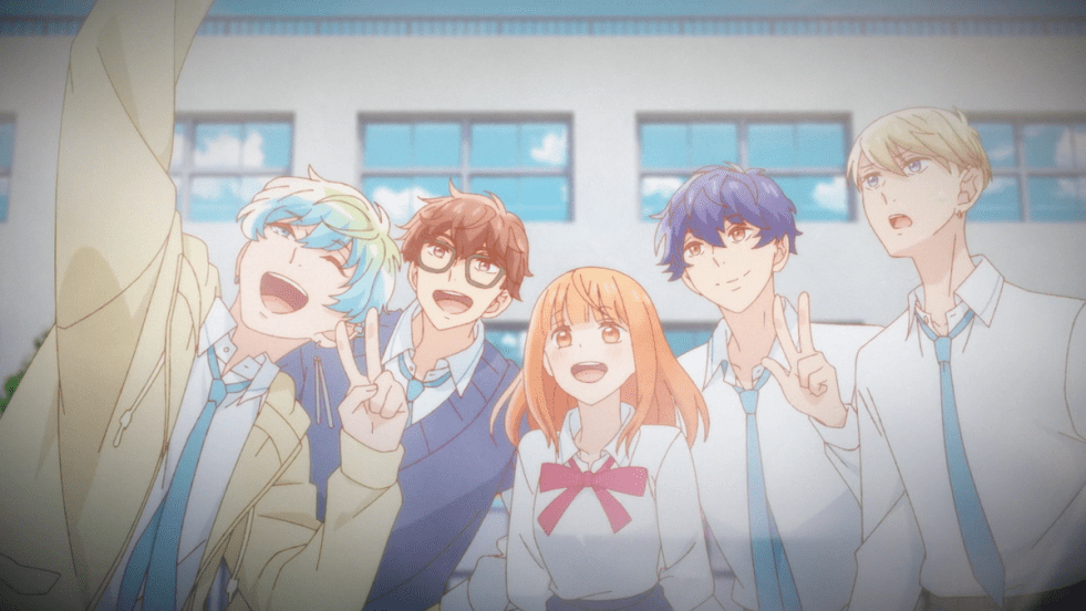 Imagem do anime Douse, Koishite Shimaunda com Airu, Shuugo, Mizuho, Kizuki e Shin sorrindo para uma foto