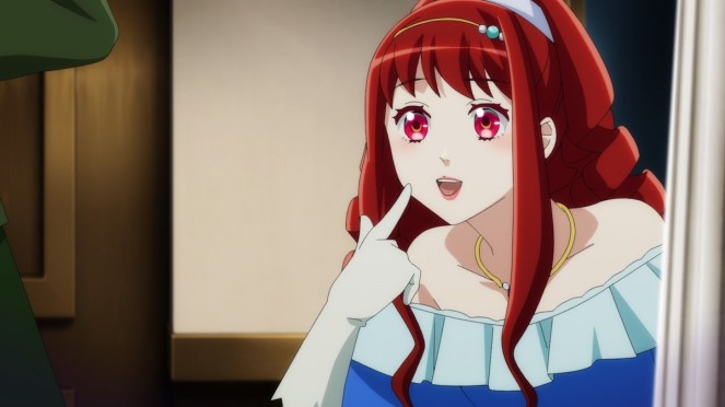 Imagem de Lettie sorrindo e apontando para ela mesma no anime Kisaki Kyouiku kara Nigetai Watashi