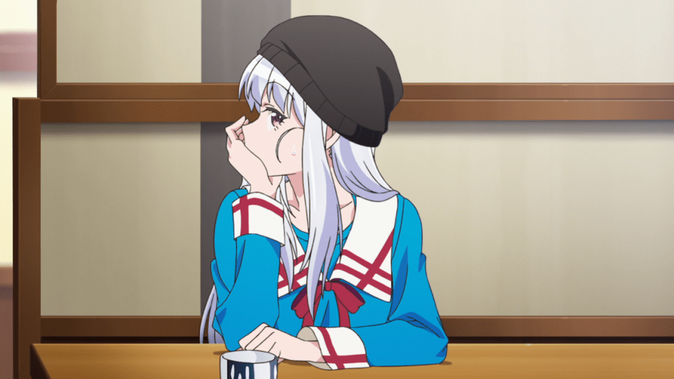 Imagem da elfa Marie, protagonista do anime Nihon e Youkoso Elf-san, com uniforme escolar e uma pose pensativa