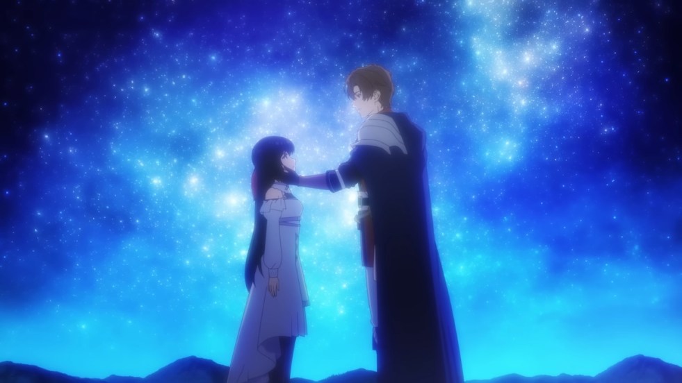 Cena do anime Unnamed Memory com Tinasha e Oscar frente a frente em uma noite estrelada