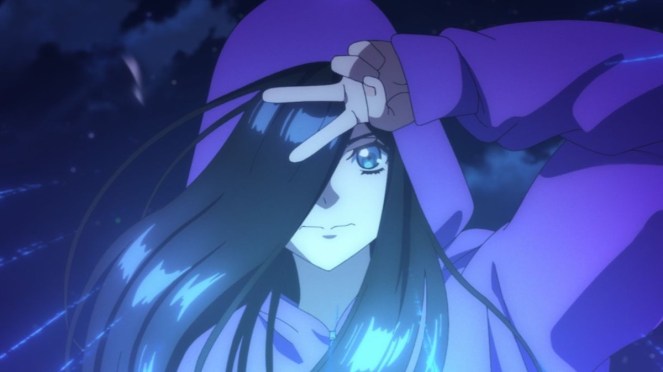 Imagem da protagonista de Zenshuu. Natsuko Hirose fazendo um sinal de V com a mão