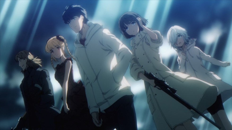 Cena do anime Darwin's Game com Ryuji, Shuka, Kaname, Rein e Sui/Souta