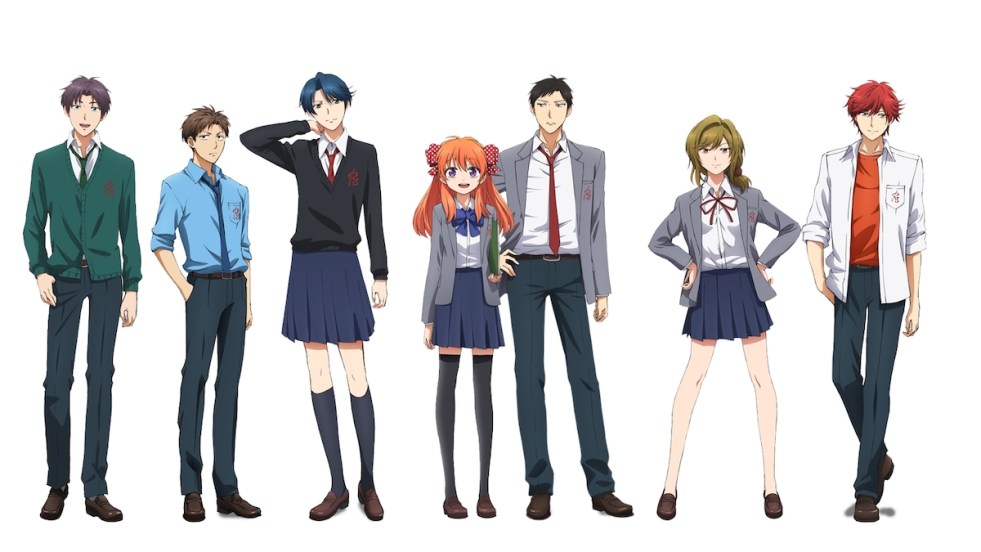 Imagem com os personagens principais do anime Gekkan Shoujo Nozaki-kun e um fundo branco