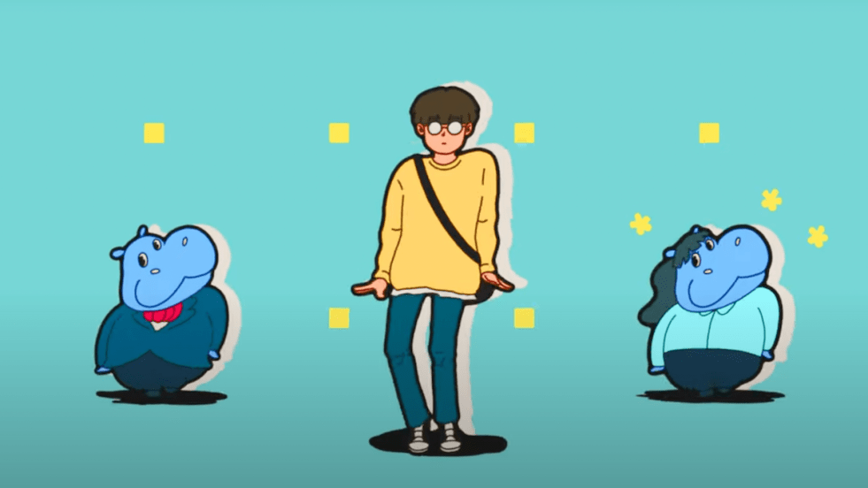 Cena do MV em formato de animação para a música HIPPO da banda Lucy. Na imagem, dois hipopótamos azuis e um moço de óculos no meio dançam