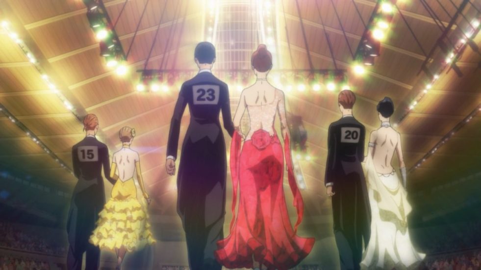 Cena do anime Ballroom e Youkoso com três pares prontos para entrar no salão de dança