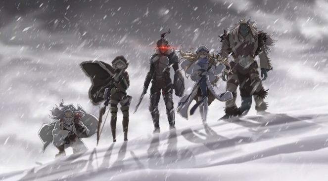 Imagem do anime Goblin Slayer com toda a party reunida em um cenário coberto por neve. Eles aparecem de longe como silhuetas