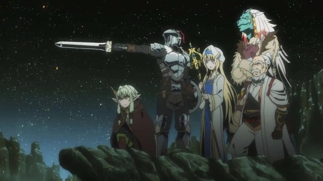 Imagem do anime Goblin Slayer com toda a partu reunida no topo de um penhasco em uma noite estrelada