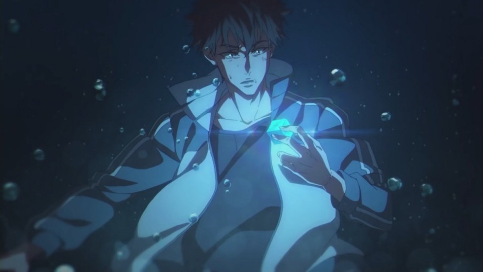 Cena do anime Chao Neng Lifang (The Super Cube) quando Xiaoxiu encontra um misterioso cubo no fundo de um lago