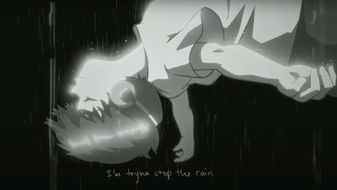 Cena da animação do MV de "Stop the Rain" do TABLO [Epik High] com RM [BTS]. Na imagem, um menino flutua no ar em um fundo escuro com um trecho da letra da música