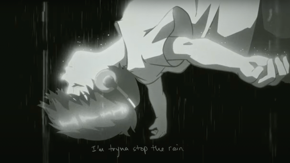 Cena da animação do MV de "Stop the Rain" do TABLO [Epik High] com RM [BTS]. Na imagem, um menino flutua no ar em um fundo escuro com um trecho da letra da música