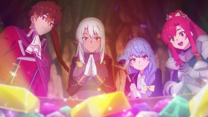 Imagem do anime A-Rank Party wo Ridatsu shita Ore wa, Moto Oshiego-tachi to Meikyuu Shinbu wo Mezasu com os membros iniciais do Clover: Yuke, Silk, Rain e Marina na frente de um baú de tesouros