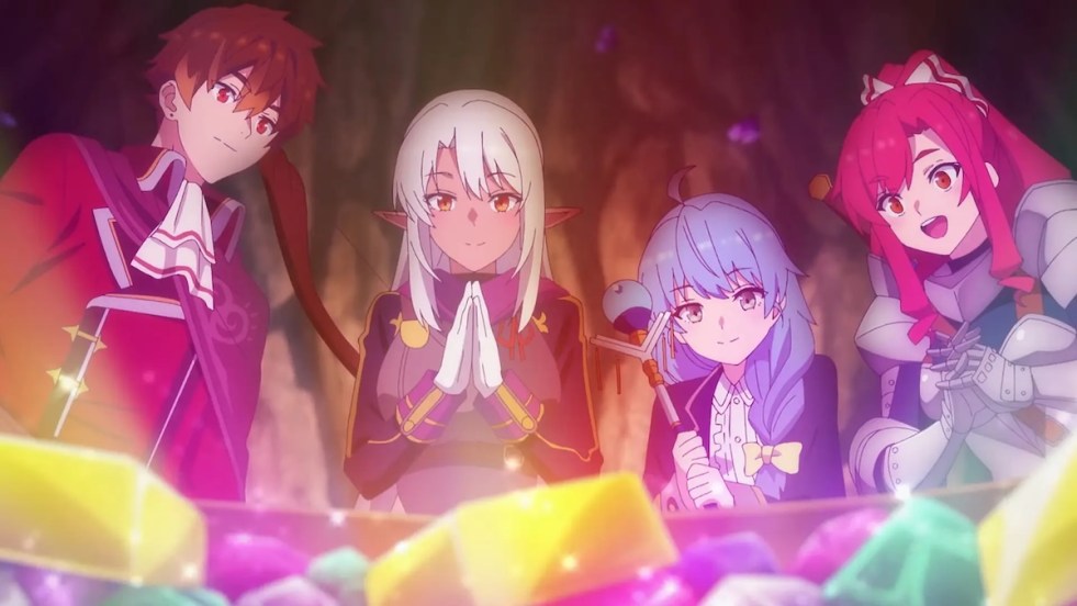 Imagem do anime A-Rank Party wo Ridatsu shita Ore wa, Moto Oshiego-tachi to Meikyuu Shinbu wo Mezasu com os membros iniciais do Clover: Yuke, Silk, Rain e Marina na frente de um baú de tesouros