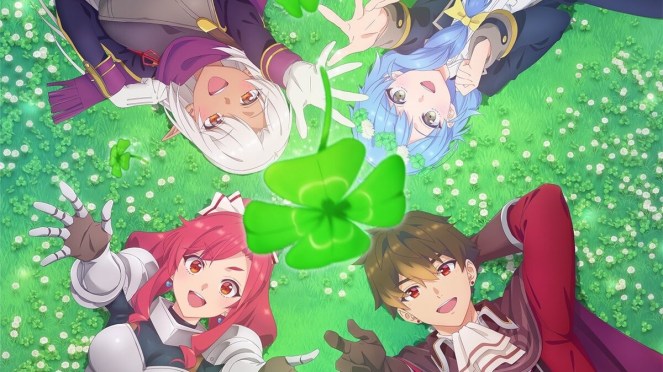 Imagem do anime A-Rank Party wo Ridatsu shita Ore wa, Moto Oshiego-tachi to Meikyuu Shinbu wo Mezasu com os membros iniciais do Clover: Yuke, Silk, Rain e Marina deitados na grama com um trevo de quatro folhas no meio