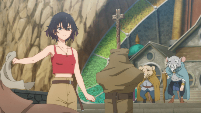 Imagem do anime Bye Bye, Earth, primeira temporada, com Belle olhando para sua espada