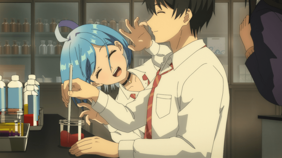 Imagem do anime Danjoru com Himari rindo do Yuu enquanto ele trabalha na criação de acessórios