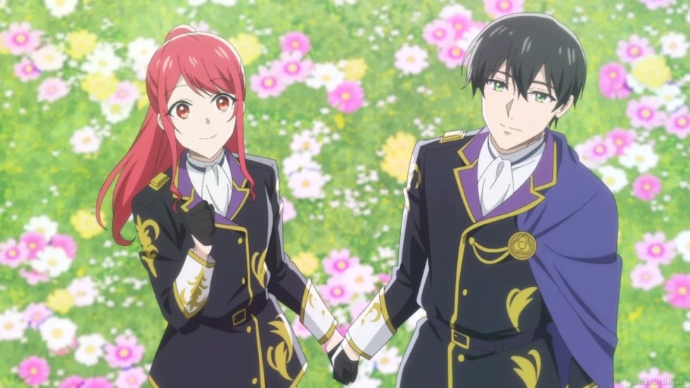 Imagem do anime Gorilla no Kami kara Kago sareta Reijou wa Ouritsu Kishidan de Kawaigarareru com Sophia e Louis de mãos dadas em seus uniformes de cavaleiros reais em um jardim florido