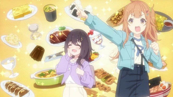 Imagem do anime Hibi wa Sugiredo Meshi Umashi com Mako e Shinon em um fundo amarelo com vários pratos de comida