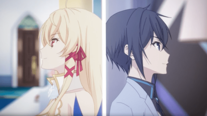 Cena da segunda temporada do anime KimiSen com Alice e Iska, um de costas para o outro