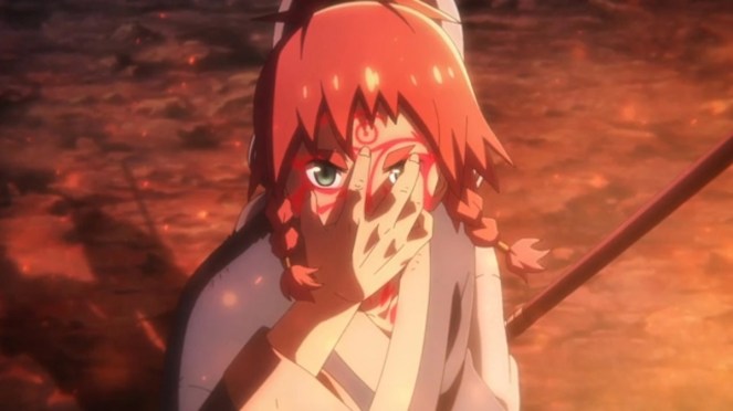 Cena do anime Teogonia com o protagonista Kai escondendo a crista divina em seu rosto