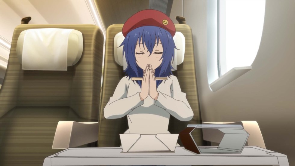 Cena do anime Zatsu Tabi: That's Journey com Chika dentro de um trem prestes a experimentar um bento