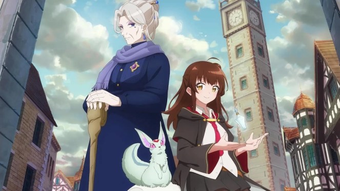 Imagem do anime Aru Majo ga Shinu Made com Faust e Meg Raspberry lado a lado com a cidade ao fundo