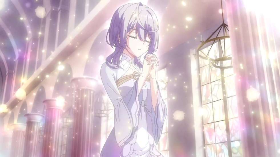 Cena do anime Kanpekiseijo com a protagonista Philia orando, enquanto brilhos flutuam ao seu redor