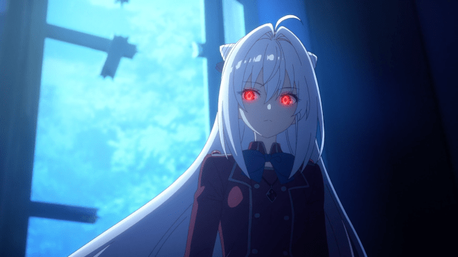 Cena de Komari em seu modo vampiro com cabelo branco/prata e olhos vermelhos no anime Hikikomari Kyuuketsuki no Monmon