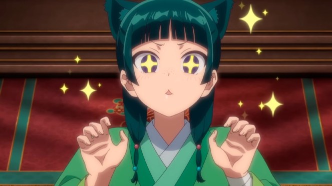 Imagem de Maomao, protagonista do anime Kusuriya no Hitorigoto, com os olhos brilhando de empolgação