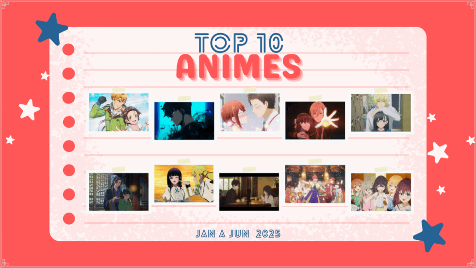 Cover para a capa do post sobre os melhores animes da primeira metade de 2025: uma folha de caderno com postcards trazendo imagens dos 10 animes selecionados
