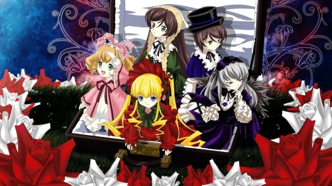 Imagem das bonecas do anime Rozen Maiden: Hina-Ichigo, Shinku, Suiseiseki, Souseiseki e Suigintou