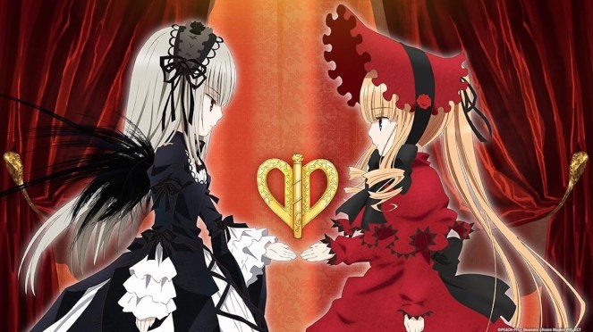 Imagem das bonecas do anime Rozen Maiden com Suigintou e Shinku frente a frente