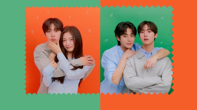 Imagem do K-Drama My Girlfriend Is the Man! com fotos de Yoon San-Ha (Park Yoon-Jae) e Arin (Kim Ji-Eun) do lado esquerdo e San-ha e Kim Ji-Hoon (Yoo Jung-Hoo) do lado direito