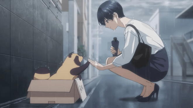 Cena do encontro entre Fuji e um misterioso tanuki no anime Ame to Kimi to