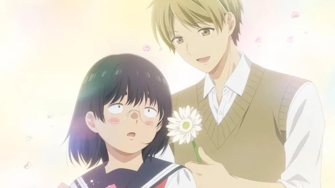 Imagem do anime Busu ni Hanataba wo: Tabata olha para Ueno envergonhada enquanto ele oferece uma flor