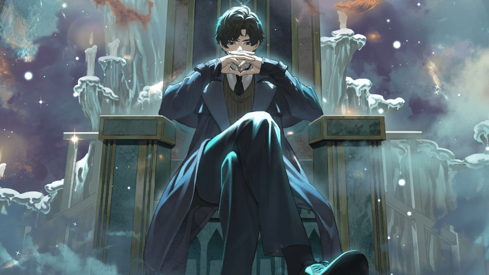 Imagem de Klein Moretti, protagonista do anime Lord of The Mysteries, sentado no altar do "mundo da névoa"