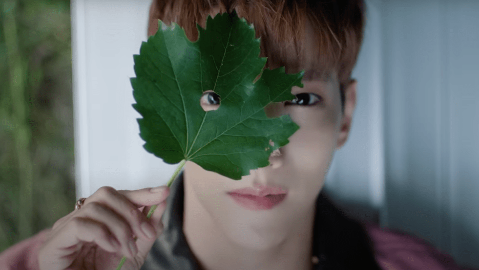 Cena do MV de "R&B ME" do álbum Dear My Muse do Jun. K [2PM]. Na imagem, ele olha para a câmara através de uma folha rasgada