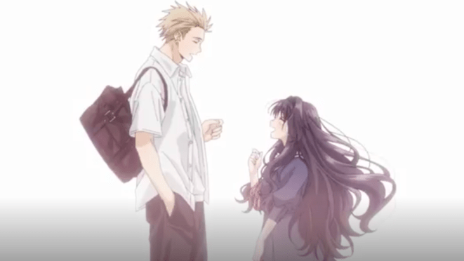 Cena do anime Kaoru Hana wa Rin to Saku com Rintarou e Kaoruko sorrindo um para o outro