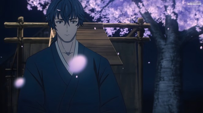 Anime Kijin Gentoushou com o protagonista Jinta/Jinya em um cenário noturna com pétalas de cerejeira caindo