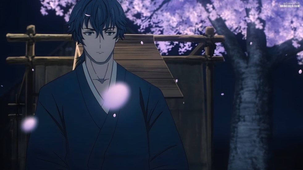 Anime Kijin Gentoushou com o protagonista Jinta/Jinya em um cenário noturna com pétalas de cerejeira caindo