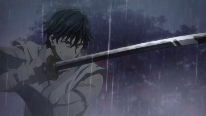 Anime Kijin Gentoushou com o protagonista Jinta/Jinya em pose de combate com sua espada