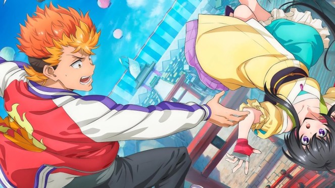 Anime Onmyou Kaiten Re-birth com Takeru e Tsukimiya como se estivessem caindo